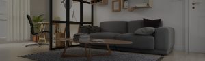 a living space with gray sofa